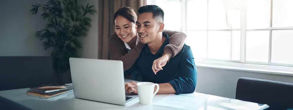 Happy couple in love planning wedding